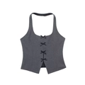Graues Neckholder-Top mit vier schwarzen Schleifen und tailliertem Anzugstoff für Damen - XS / Grau