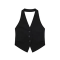 Gilet nero da donna con scollo all'americana, scollo a V e bottoni in tessuto - XS / Nero