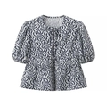 Blau-weiße Blumenprint-Bluse mit Puffärmeln und vorderen Schleifen-Details - XS / Blaues Muster