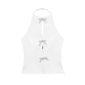 White sleeveless halter top featuring three sparkling rhinestone bows and a central cutout - XS / White