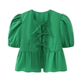 Women's green puff sleeve top with front bow ties and stylish ruffled hem details - Green