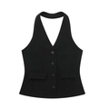 Women's chic black backless halter vest with deep V-neck and four buttons for elegant outfit - XS / Tops / Black