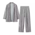 Vista dettagliata del completo blazer con paillettes argento e trama riflettente moderna - S / Argento