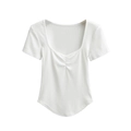 Detail of white ribbed crop top featuring front ruched chest and curved hemline - S / White