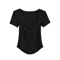 Slim fit black ribbed knit t-shirt with ruched square neck and curved hem for women - Black