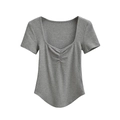 Deep grey slim-fit ribbed t-shirt with a square neckline and ruched chest detail - S / Gray