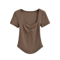 Women's coffee brown square neck ribbed T-shirt with ruched chest and curved hemline - S / Coffee