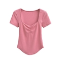 Pink slim-fit ribbed knit short sleeve T-shirt with ruched front and curved hem details - S / Pink