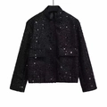 Women's black sequin tweed jacket with round neck and pockets on white background - XS / Tops / Original Black