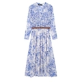 Summer long sleeve V-neck floral print maxi dress with brown belt on white background - XS / Blue White Print