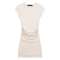 Mini abito aderente in maglia a costine crema con arricciatura laterale e maniche corte - S / Bianco latte