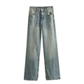 Classic light blue high-waisted wide-leg denim jeans with stone-washed finish for women - Blue