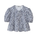 Women's white blouse with blue floral print featuring puff sleeves and front bow ties - Blue White Abstract Print