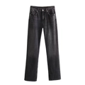 Detail of dark gray straight leg jeans featuring vintage wash and classic five-pocket style - Black