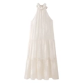 Abito lungo bianco allacciato al collo con ricamo floreale e gonna a balze a strati - XS / Bianco Sporco
