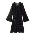 Summer black V-neck crochet lace maxi dress with bell sleeves and hollow floral patterns - S / Black