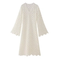 Elegant white crochet lace midi dress with V-neck and bell sleeves on a plain background - S / Off White