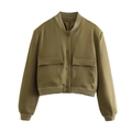 Giacca bomber corta da donna verde oliva con ampie tasche a patta e bordi a coste - Taglia S / Khaki scuro