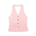 Close-up of light pink halter neck vest with elegant amber buttons and V-neckline detail - XS / Pink Vest