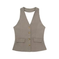 Detailed close-up of khaki halter neck vest with four buttons and flap pockets - XS / Camel Vest