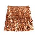 Close-up of sparkling rose gold sequins and satin waistband on this A-line mini skirt - XS / Gold