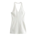 Elegant white halter neck V-neck sleeveless slim fit dress with satin texture - XS / White