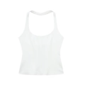 Detail of a white halter neck top featuring a deep U-neckline and smooth knit fabric - White