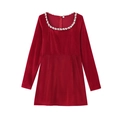 Detail of red velvet A-line dress featuring rhinestone leaf embellishments on the neckline - S / Velvet Red