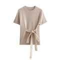 Women's short sleeve knit top in apricot featuring a side bow tie and classic crew neck - S / Oatmeal