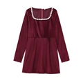 Detail of square neckline with rhinestone trim on deep burgundy velvet mini dress - Velvet Dark Red