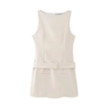 Elegante vestido sin mangas color crema con cuello redondo y cinturón con botones - XS / Albaricoque