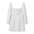 Detailed view of the square neckline and delicate pearl trim on white long sleeve dress - S / White