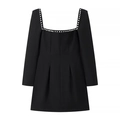 Elegant French square neck black A-line mini dress with pearls and long sleeves - S / Black