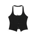 Women's black halter top with square neck and delicate small butterfly bow accents - Black