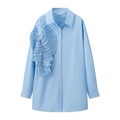 Detailed view of 3D pleated floral appliqué and collar on light blue long sleeve shirt - XS / Blue