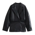 Women's classic black faux leather blazer with waist pleats and single-breasted closure - XS / Black
