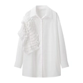 Detailed close-up of 3D floral ruffles on white long-sleeve shirt with classic collar - XS / White