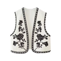 Detail of vintage beige vest with black floral embroidery and wavy textured lace trim - XS / Black and White Embroidery