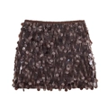 Detail of dark brown sequin mini skirt showing large metallic paillettes and satin waistband - XS / Brown