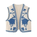Gilet vintage crème pour femme avec broderie florale bleue et devant ouvert élégant - XS / Crème avec Broderie Florale Bleue