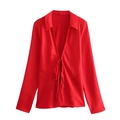 Chemisier femme 2024 en satin rouge à manches longues avec double nœud devant - XS / Rouge