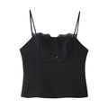 Women's satin print camisole with black lace trim and bow detail on a white background - XS / Black