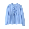 Camisa de mujer azul claro con mangas largas, cierre de lazos y dobladillo peplum - XS / Azul Cielo