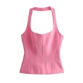 Slim fit bright pink halter top with structural seams and square neck for women - Pink
