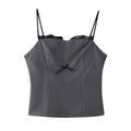 Chic grey satin camisole for women with black lace trim and bow on white background - XS / Gray