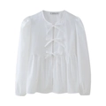 Summer white long sleeve babydoll blouse with bow ties and puff sleeves for women - White
