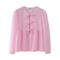 Blusa rosa claro de manga larga para mujer con lazos frontales y diseño plisado - XS / Rosa