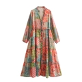 Boho-Maxikleid mit Blumenmuster, Stehkragen und Kordelzug an der Taille für Damen - S / Rot