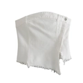 Witte denim strapless top voor dames met asymmetrische knopen en rafelige zoom - S / Wit
