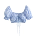 Women's light blue slim fit top with flare sleeves and lace-up front detail - Blue